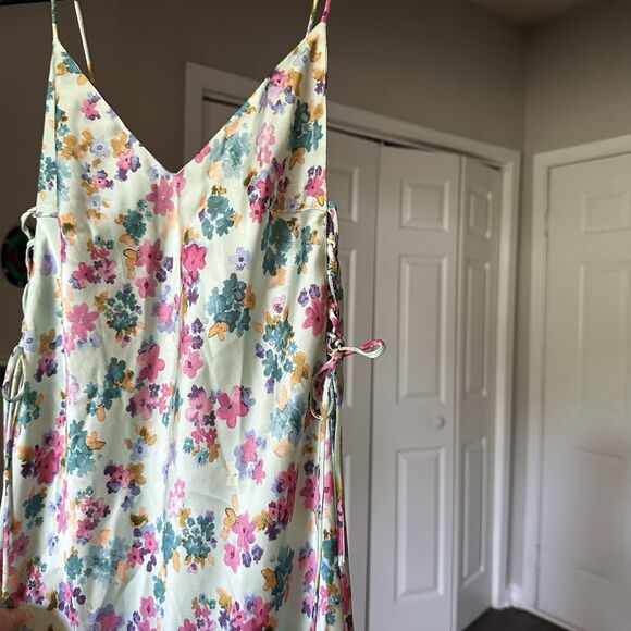 ZARA Romantic Floral Print Midi Side-Tie Satin Slip Dress XS Baby Blue - Picture 8 of 13